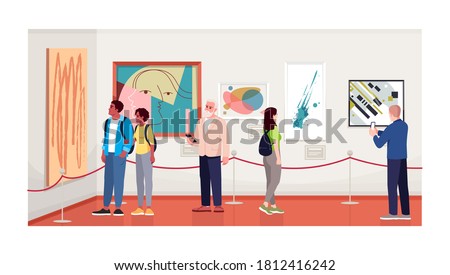 People in contemporary art gallery semi flat vector illustration. Couple watching an exhibition, collection.Taking pictures of paintings. Art museum visitors 2D cartoon characters for commercial use Royalty-Free Stock Photo #1812416242