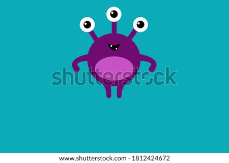 Cute cartoon monster with three eyes on blue background without text . Happy Halloween card. Flat design.