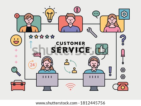 Customer service center staff and customer network. flat design style minimal vector illustration.