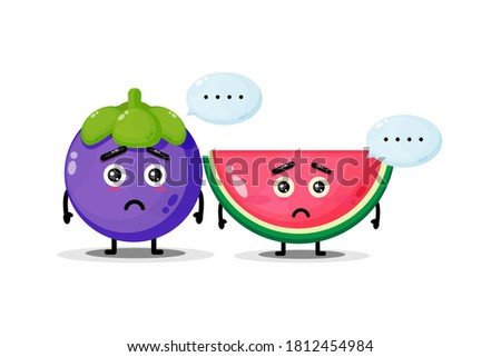 Cute mangosteen and watermelon mascot with sad expression