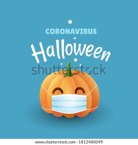 Coronavirus Halloween illustration. Cute pumplin wearing face mask for protection from flu and virus. - Vector