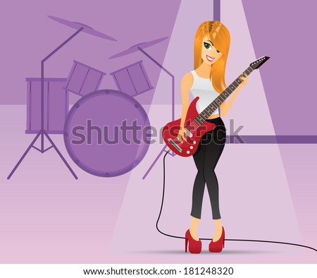 Illustration of a girl playing electric guitar on stage.Music lifestyle concept.Contain gradient effect.