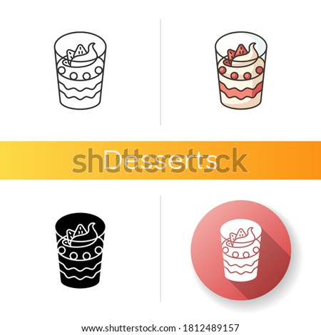 Parfait icon. Yogurt based frozen dessert. Sweet breakfast. National French sweets. Traditional cuisine of France. Linear black and RGB color styles. Isolated vector illustrations