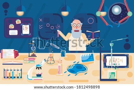 A Flat Design Cartoon Research laboratory Vector With Different laboratory Equipment And Books And Machines with a Cartoon Scientist Performing Different Experiments and Tasks.