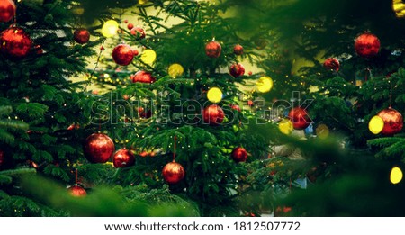 Christmas tree festive decoration green background with red ball toys holidays atmosphere wallpaper concept picture 