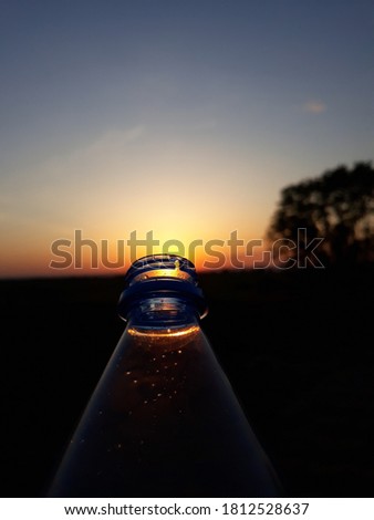in the photo, the neck of the bottle against the sunset