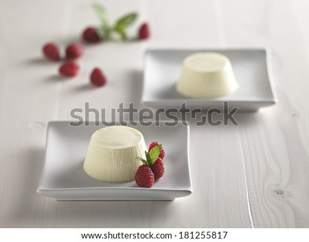 Elegant picture of a well dished-out dessert with decorations on wooden white background.