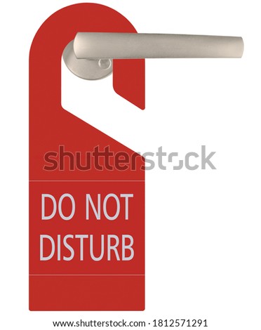Red Do Not Disturb Door Handle Cardboard Tag, Vertical Isolated Hanger Sign Macro Closeup, English Text, Large Detailed EN Warning Request Label Concept