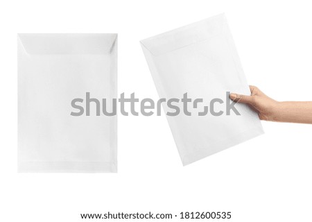 Collage with photo of woman holding paper envelope on white background