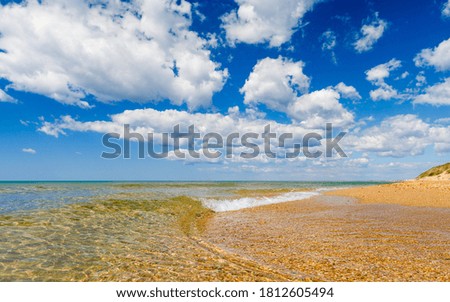 Seascape. Transparent clear sea on a sandy beach. A small wave washes the beach. In the background there is a blue sky with clouds.