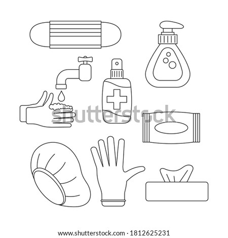 Virus or infection prevention linear icon set isolated on white background. Personal hygiene  soap, rubber glove, medical cap, antiseptic, hand washing, wet wipes. Editable stroke vector illustration.