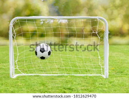 Generic football (soccer) ball hits net of mini goal as concept of recreational sport and family fun Royalty-Free Stock Photo #1812629470