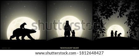 Polar bears family walking in grass on moonlight night. Animal baby silhouette on back of mother. Landscape framed by branches. Full moon in starry sky. Black and white vector illustration set Royalty-Free Stock Photo #1812648427