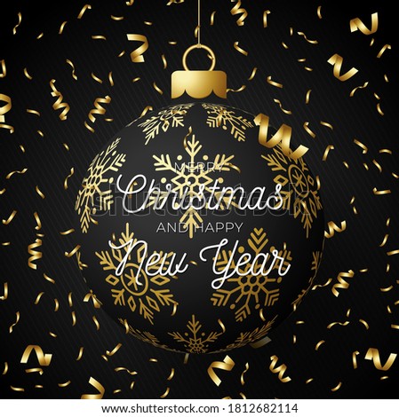 Luxury Christmas and New Year square greeting card with tree ball. Christmas card with ornate black realistic ball and confetti on black modern background. Vector illustration.