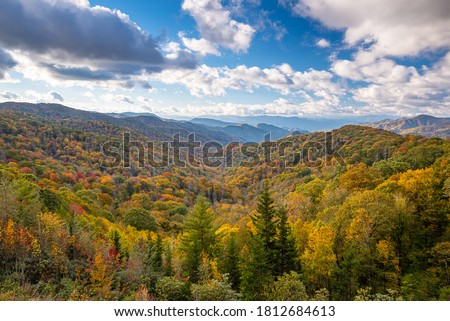 Great Smoky Mountains National Park, Tennessee, USA overlooking the Newfound Pass in autumn. Royalty-Free Stock Photo #1812684613