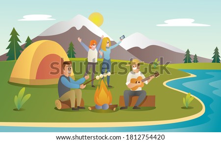 Camp with friends vector illustration. Group of teens are camping at nature. camp at lake, camp flat cartoon illustration
