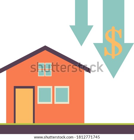 House with price down arrow sign on white background vector illustration. Real estate market value concept.