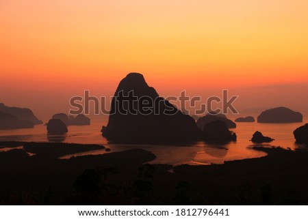 View of island and andaman sea in the dawn at samet nangshe in Phang Nga province Thailand. (The pictures has noise and film grain)