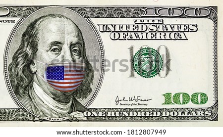 U.S. Macro 100 dollar Benjamin Franklin portrait in protection Virus Medical mask. Health Care Concept. Banner background with copy space. 