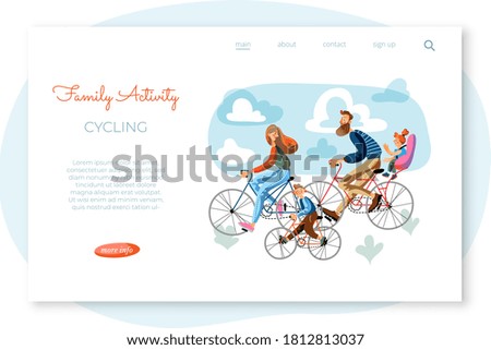 Family activity banner concept. Parents and children rides bicycles in park. Mom, son, dad cycling, daughter sitting in kid chair. Vector character illustration of sport recreation, healthy lifestyle