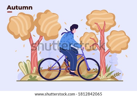 Hello autumn. People ride bike cycle at park on fall seasons. Autumn outdoor activities. Healthy lifestyle. People riding bike cycles, cycling, vector flat illustration. Landing page, UI/UX, greeting.