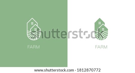 The farm logo. Template with farm house and landscape. Label for natural farm products.