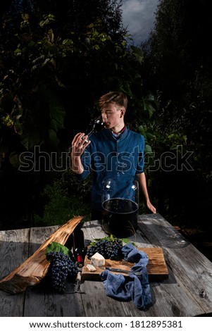  Young man with a red wine glass  on the background of the vineyard  .
