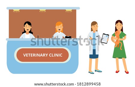 Smiling Woman Bringing Her Cat for Vet Examination Vector Illustration Set