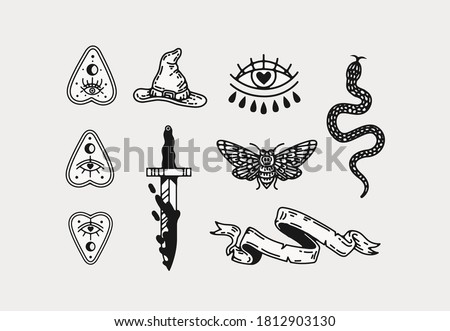 halloween scary occult witchcraft vector illustrations, elements for graphic design projects, clip art flashsheet. isolated graphics for logos invitations, icons , tattoos and creative projects. 