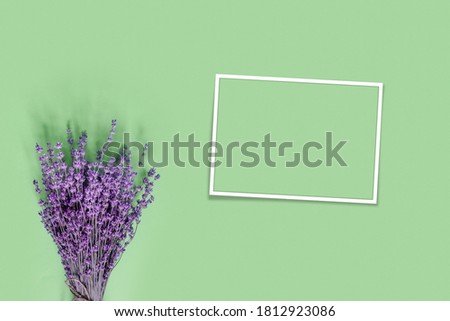 Purple lavender for celebration decoration design on green paper background. Vintage floral card. Holiday party decoration. Flat lay, top view, copy space concept.