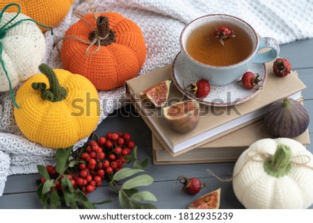 Knitted pumpkins are a symbol of autumn. Autumn still life. Thanksgiving and Halloween card. Autumn sales.