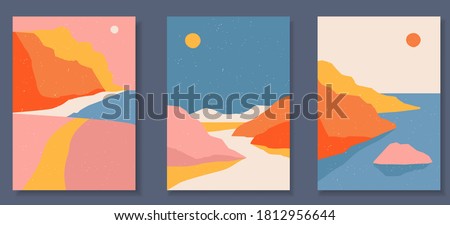Abstract coloful landscape poster collection. Set of contemporary art print templates. Nature backgrounds for your social media. Sun and moon, sea, mountains, ocean, river bundle. Royalty-Free Stock Photo #1812956644