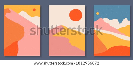 Abstract coloful landscape poster collection. Set of contemporary art print templates. Nature backgrounds for your social media. Sun and moon, sea, mountains, ocean, river bundle. Royalty-Free Stock Photo #1812956872