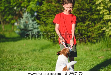 Kid boy playing with pet dog tug-of-war game in back yard garden on sunny summer day