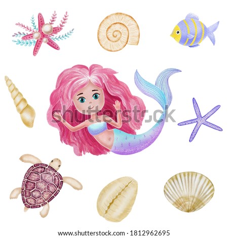 Cute cartoon little mermaid under water with shell, fish, turtle, star. Watercolor illustration isolated on white background