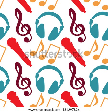 Seamless Pattern with Music Notes, Treble Clef, Microphone, Headphones - vector 