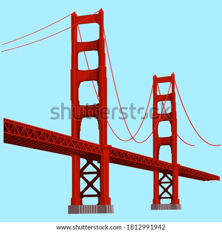 Red bridge vector illustration isolated on blue background. Architecture construction clip art