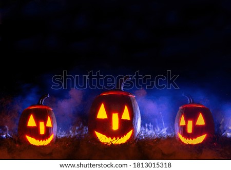 Halloween pumpkins over blue  background with smoke with  copy space.Happy  Halloween party. 