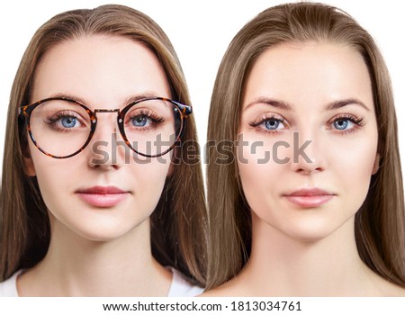 Young woman in glasses and witout glasses. Woman takes off glasses after eyes surgery. Royalty-Free Stock Photo #1813034761