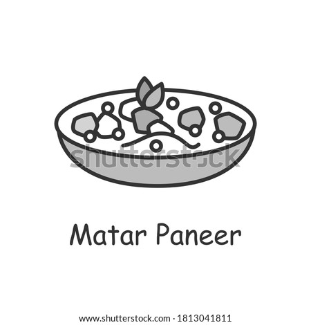 Matar Paneer line icon. North Indian cuisine. Peas and paneer in tomato sauce. Traditional delicious Indian dish. Asian food. Isolated vector illustration. Editable stroke