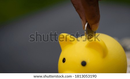 Hand holding coin put in piggy bank to save with blurred background Saving money