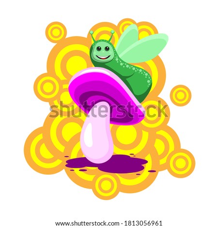 The caterpillar character sits on a pink mushroom on a white isolated background. Vector image eps 10