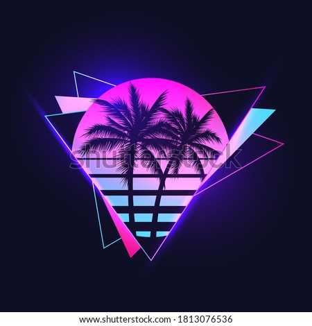 Retrowave or synthwave or vaporwave aesthetic illustration of vintage 80's gradient colored sunset with palm trees silhouettes on abstract triangle shapes background. Vector illustration Royalty-Free Stock Photo #1813076536