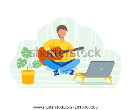 The man plays the guitar and looks at the laptop. Online guitar learning concept. Stock vector illustration in flat style.