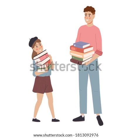 Girl and boy studying nd preparing for an exam and read book. Reading people on a white background. Read more concept books. People are lying down to read. Vector illustration