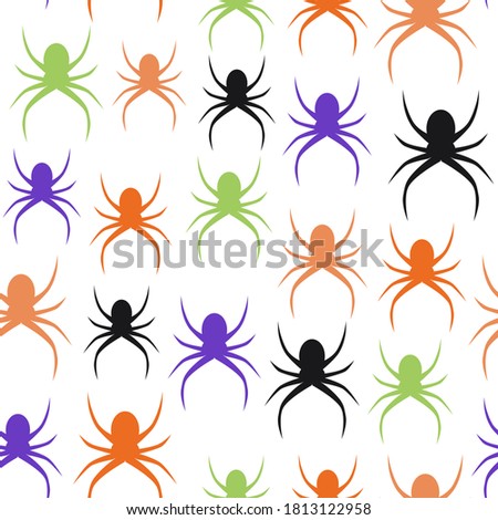 Spiders seamless pattern on transparent background. Repetitive vector illustration of flat colourful spiders. Halloween pattern. EPS10.