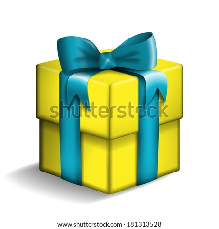 Yellow gift box with blue ribbon.