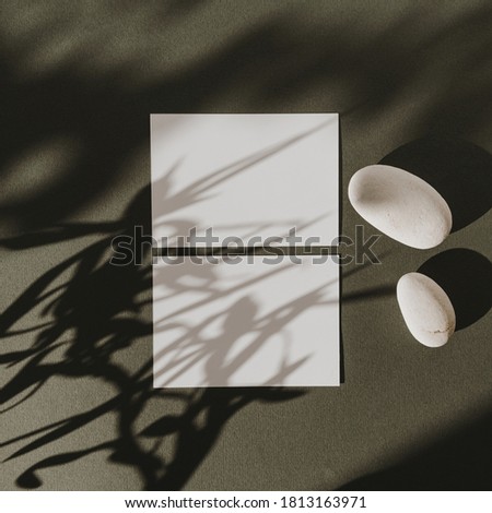 Blank paper sheet cards with mockup copy space, dry flower branch, stones and sunlight shadows on deep green background. Flat lay, top view minimal business brand template