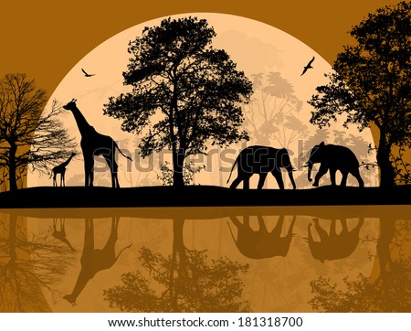 Wild african animals silhouettes in beautiful sunset near water, vector illustration