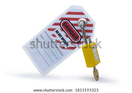 Lock out, tag out with a danger tag. Danger and do not operate warning. Machine and electrical system and safety equipment. Isolated on white background. Royalty-Free Stock Photo #1813193323